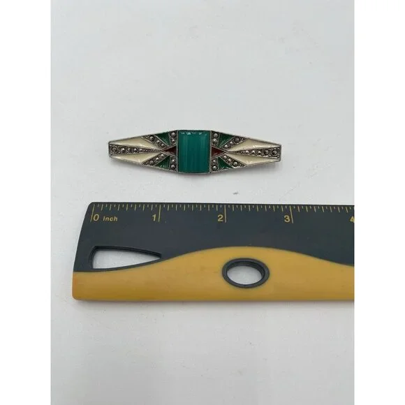 Vintage Silver Tone Turquoise Pin Brooch Bar Rhinestone Jewelry Scarf  2.5" Long - Picture 2 of 6